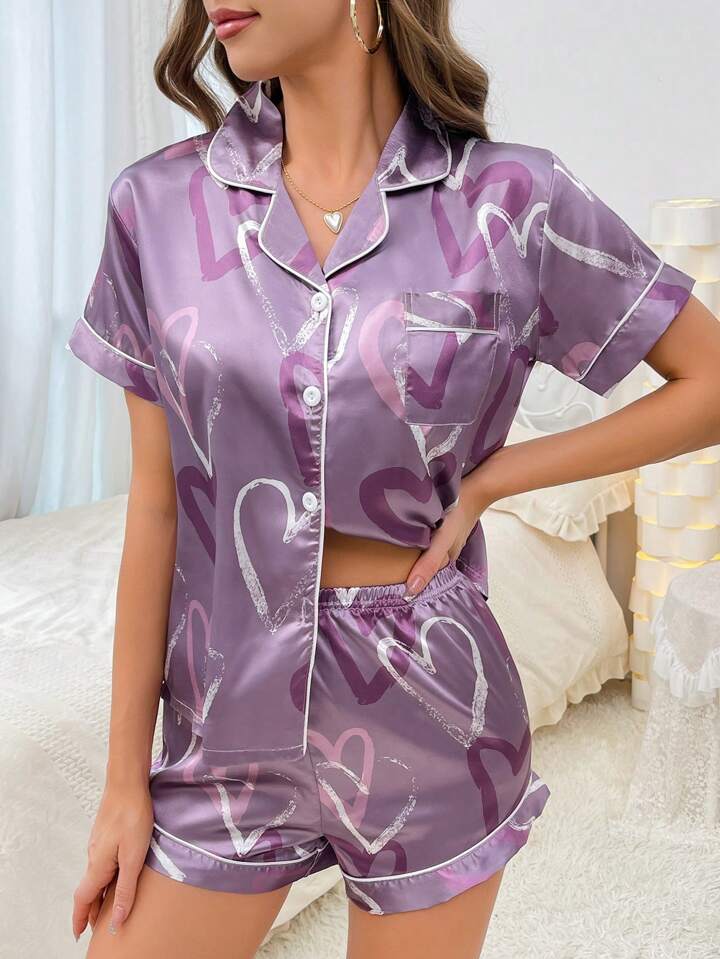 Lavender Heart Shorts Night Suit For Women