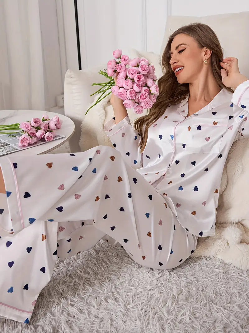 Coffee Heart White Silk Women Nightwear Pajama Set