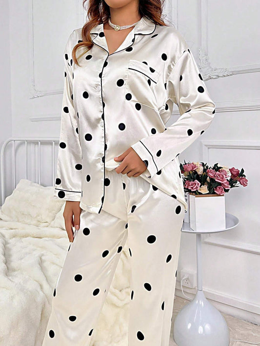 Black Polka Dott Women Nightwear Pajama Set In Full Sleeves