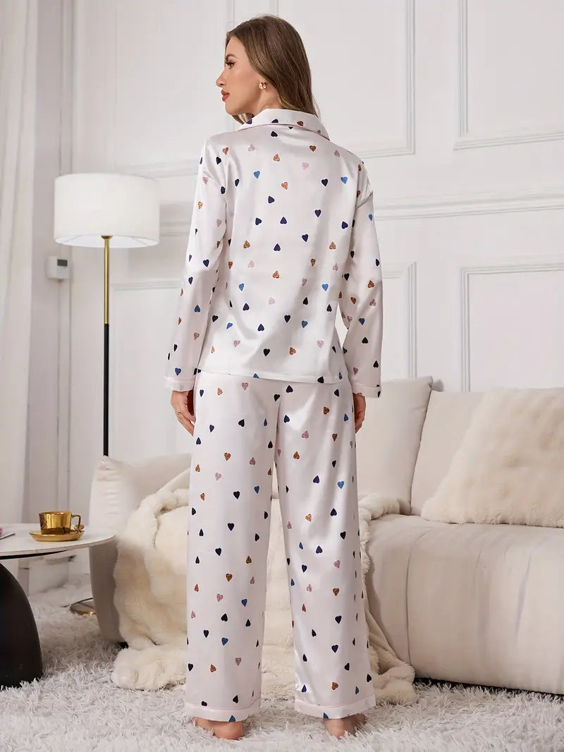 Coffee Heart White Silk Women Nightwear Pajama Set