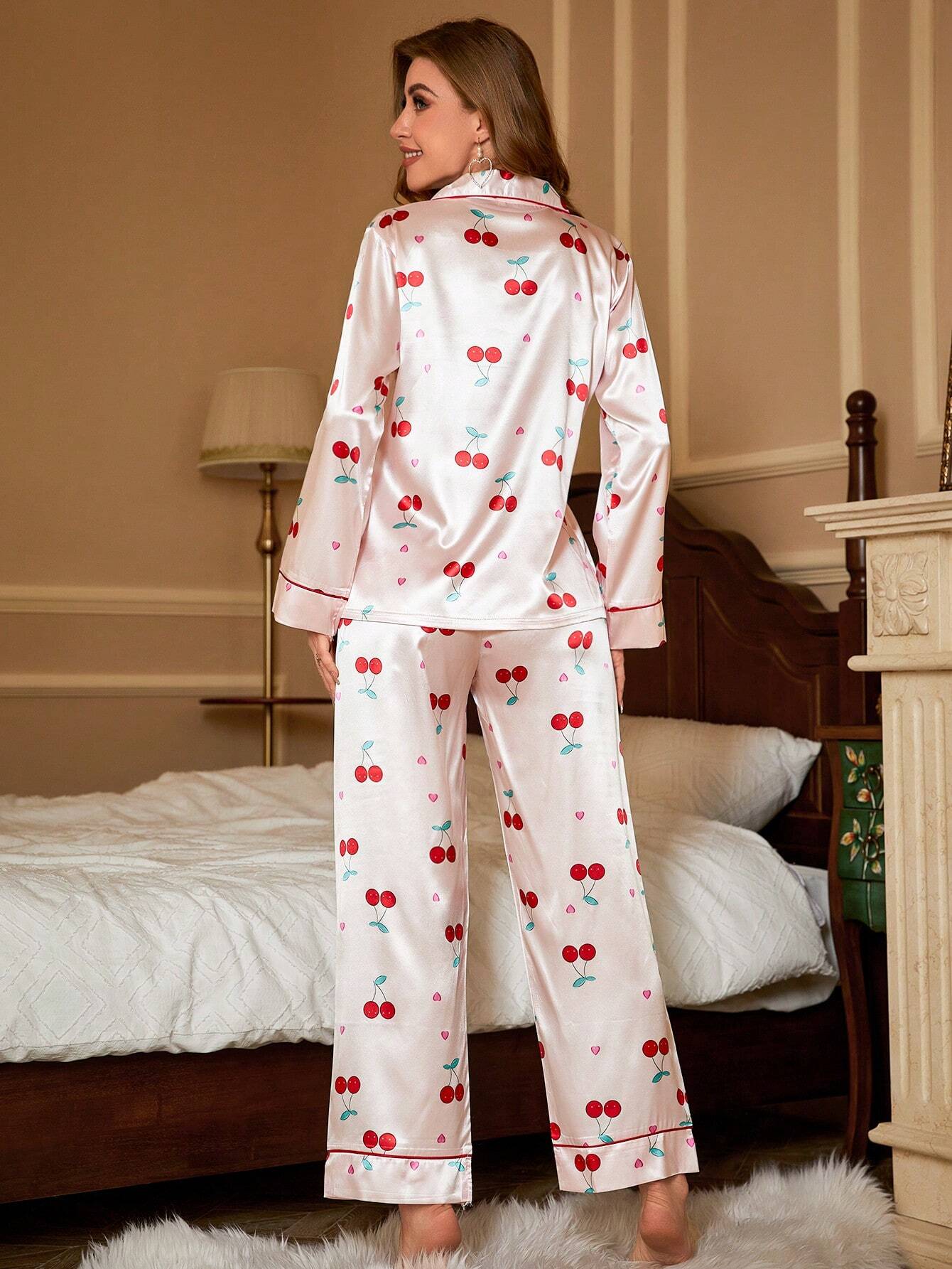 Red Cherry Printed Nightsuit Set For Women