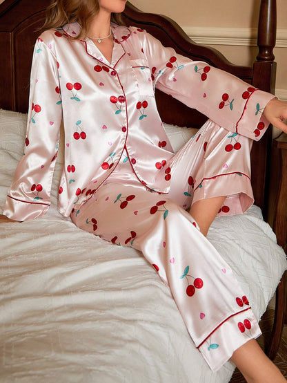 Red Cherry Printed Nightsuit Set For Women