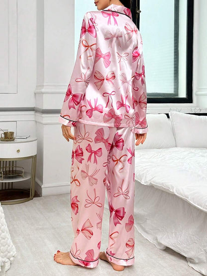 Little Pink Bow Satin Night Suit For Women