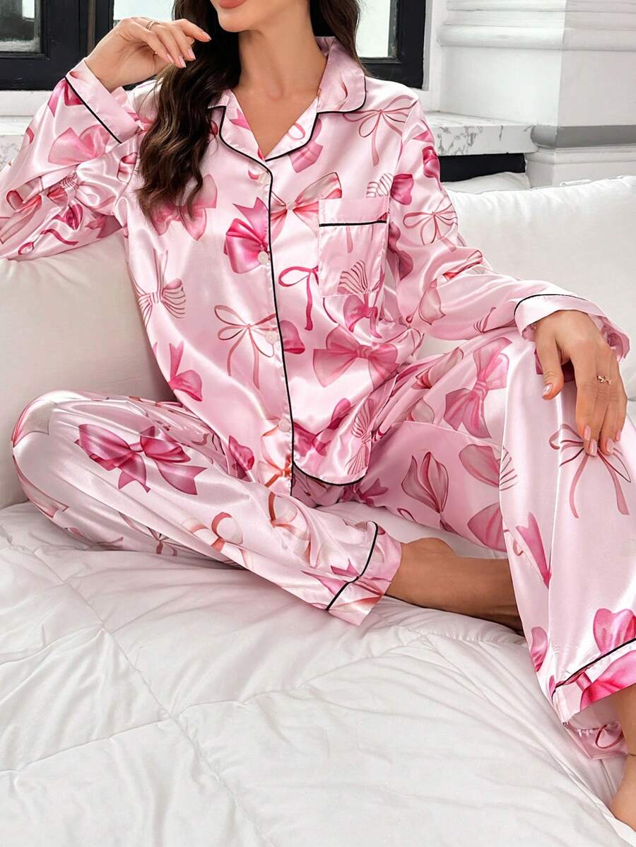 Little Pink Bow Satin Night Suit For Women