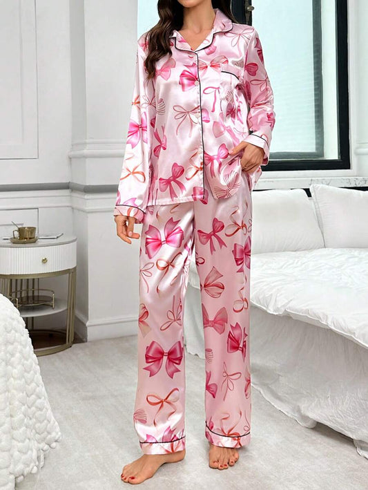 Little Pink Bow Satin Night Suit For Women