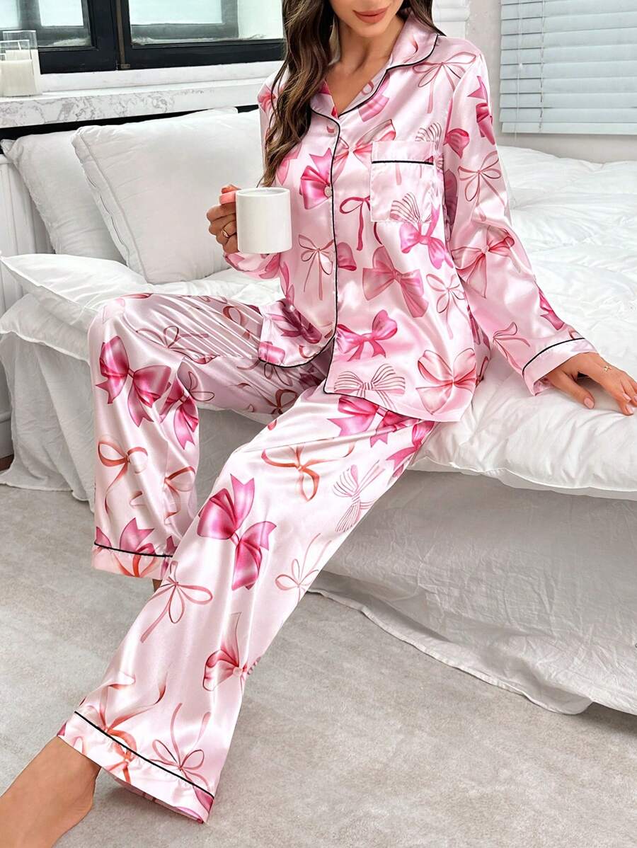 Little Pink Bow Satin Night Suit For Women