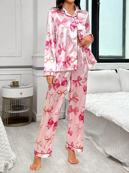 Little Pink Bow Satin Night Suit For Women