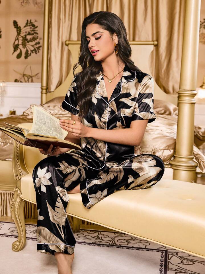 Golden Glow Printed Nightsuit Set For Women