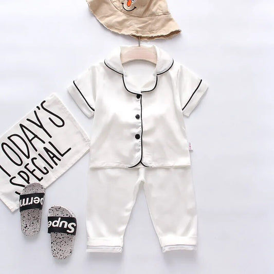 White Solid Unisex Nightsuit Set For Kids