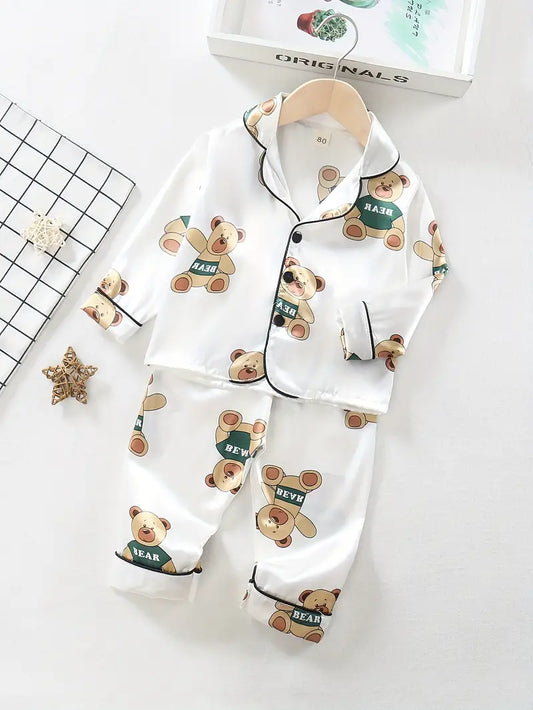 White Bear Printed Unisex Nightsuit Set For Kids