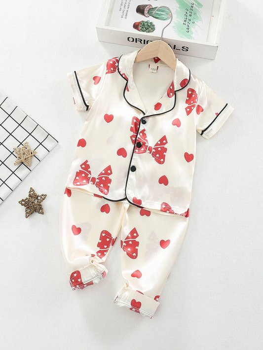 Red Heart Printed Unisex Nightsuit Set For Kids