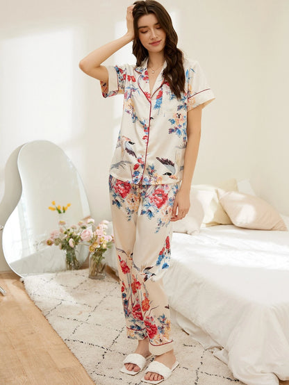 Bird and Floral Printed White Nightsuit Set For Women