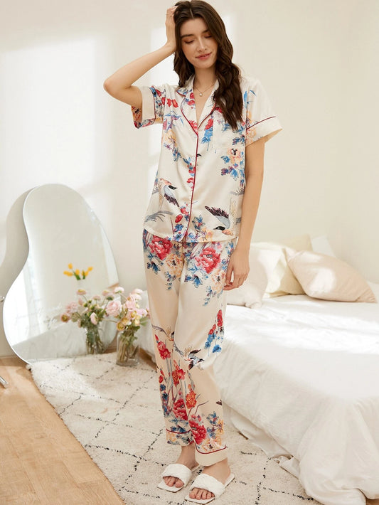 Bird and Floral Printed White Nightsuit Set For Women