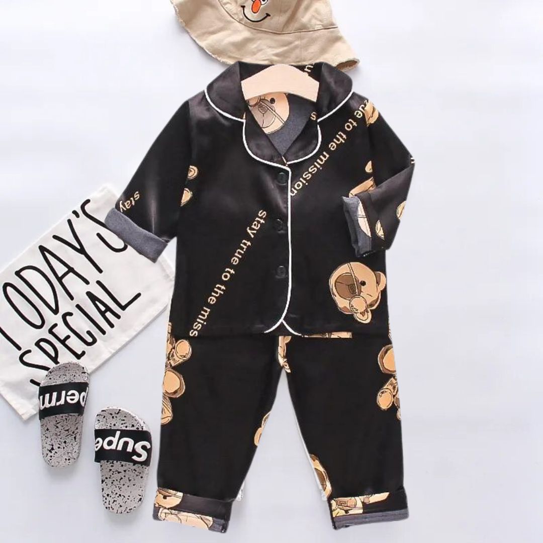 Black Panda Printed Unisex Nightsuit Set For Kids