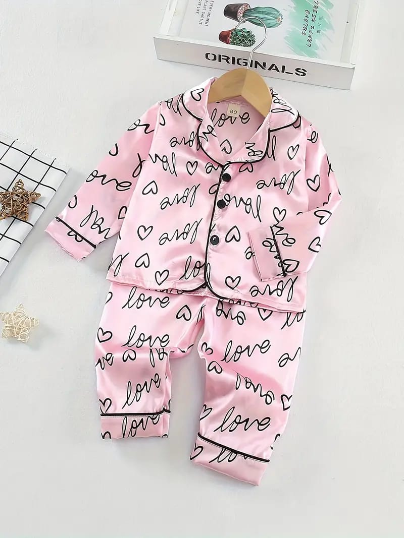 Pink Love Printed Unisex Nightsuit Set For Kids