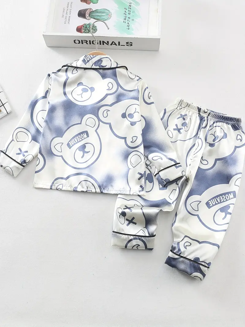 White Teddy Printed Unisex Nightsuit Set For Kids