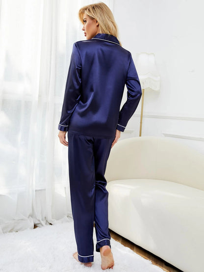 Basic Navy Blue Satin Women Nightwear Pajama Set