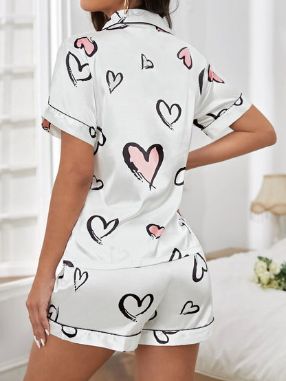 Heart Print Shorts Night Suit  For Women