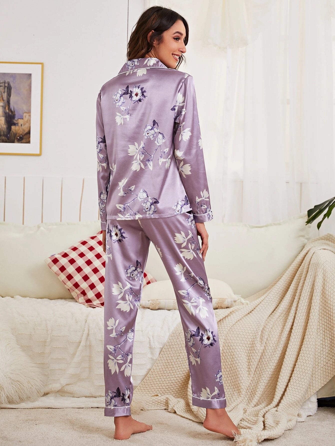 Triangle Print Flounce Women Nightwear Pajama Set