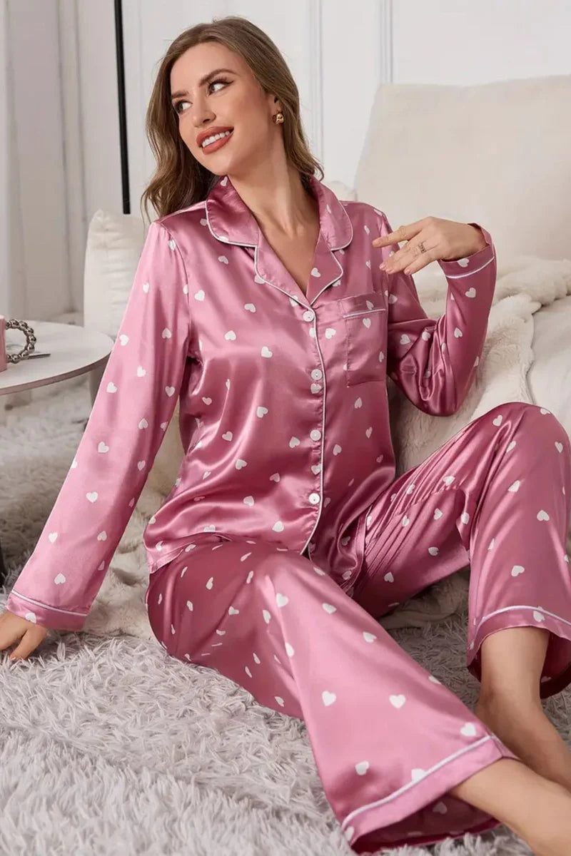 White Heart Printed Nightsuit Set For Women
