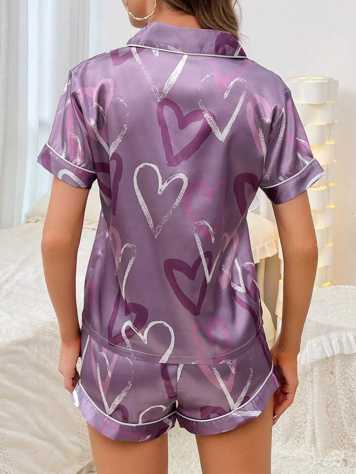 Lavender Heart Shorts Night Suit For Women