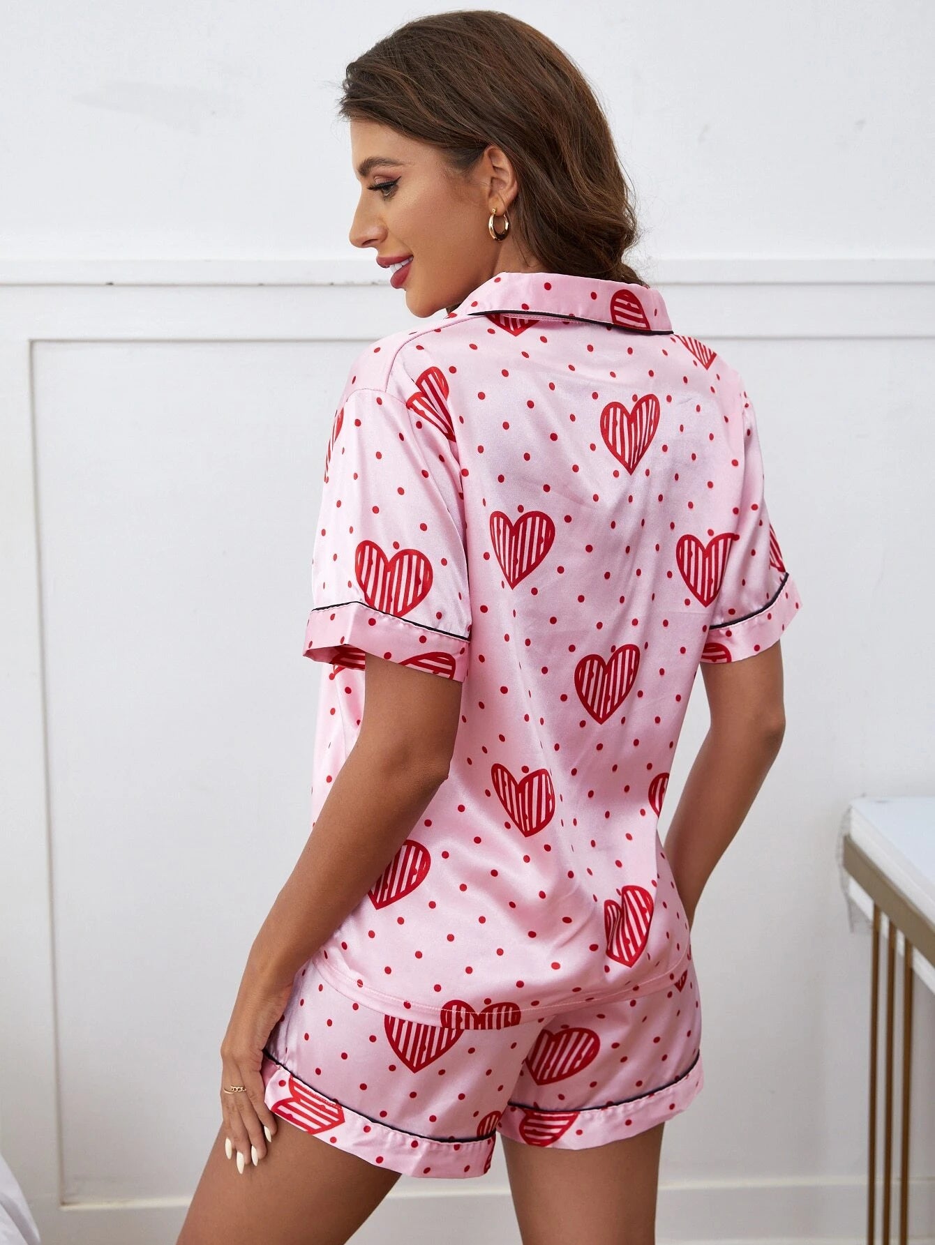 Line Heart Shorts Night Suit Set For Women