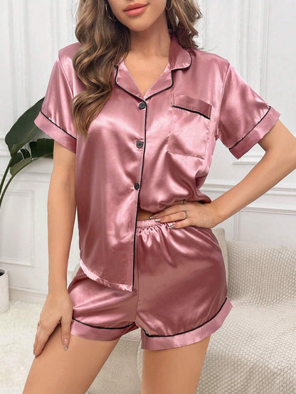 Basic Dark Pink Satin Shorts Night Suit For Women