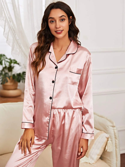 Basic Pink Satin Women Nightwear Pajama Set