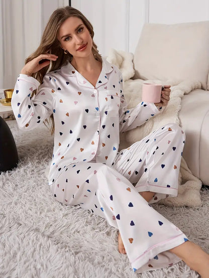 Coffee Heart White Silk Women Nightwear Pajama Set