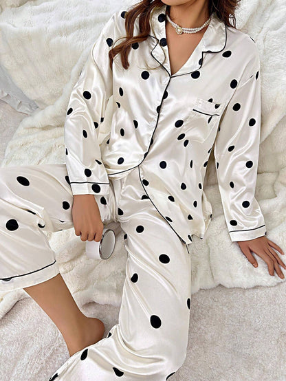 Black Polka Dott Women Nightwear Pajama Set In Full Sleeves