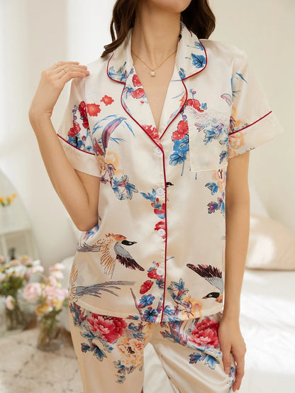 Bird and Floral Printed White Nightsuit Set For Women