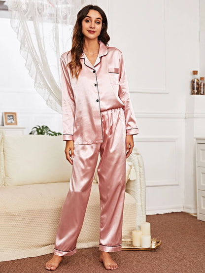 Basic Pink Satin Women Nightwear Pajama Set