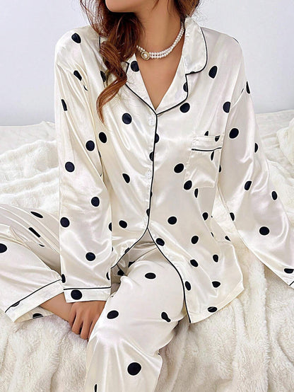 Black Polka Dott Women Nightwear Pajama Set In Full Sleeves