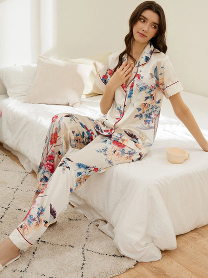 Bird and Floral Printed White Nightsuit Set For Women