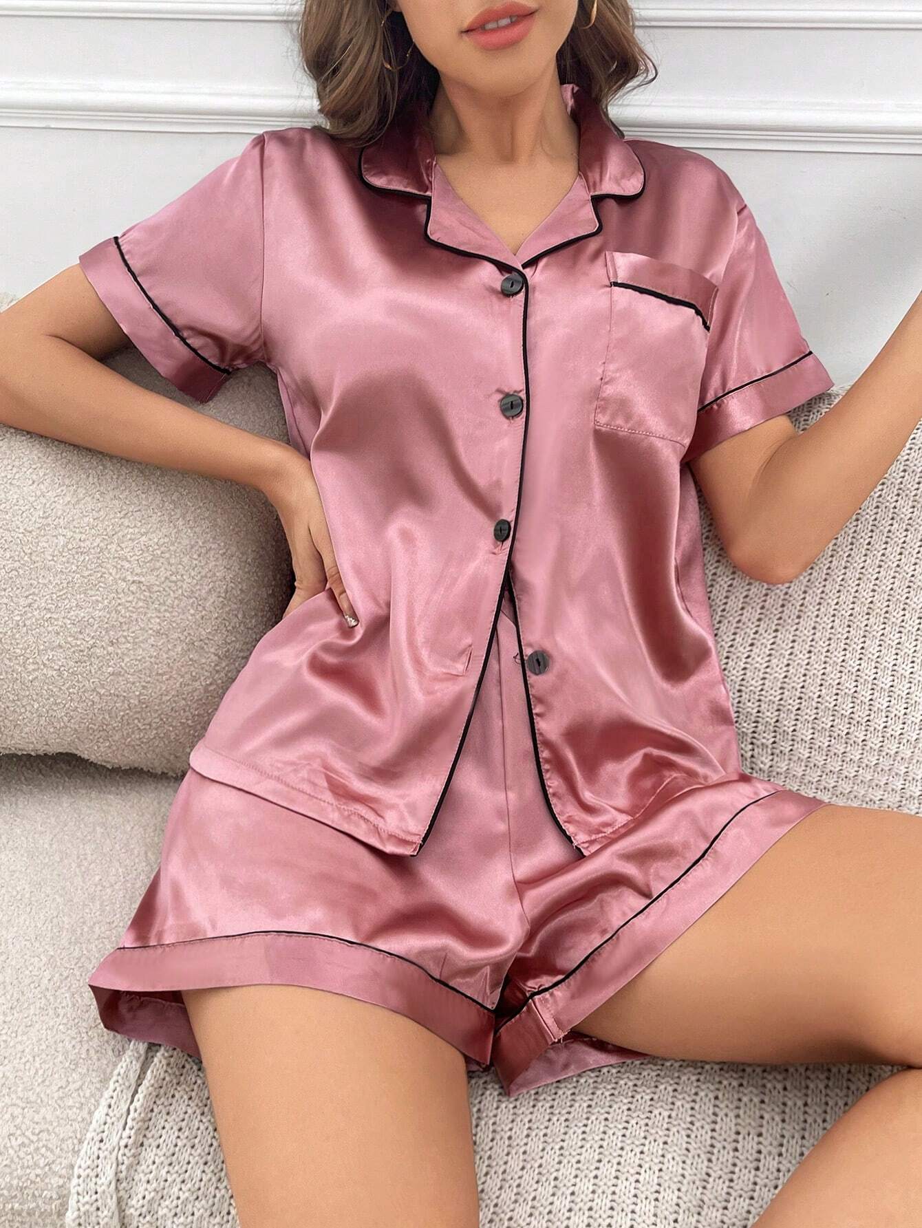 Basic Dark Pink Satin Shorts Night Suit For Women