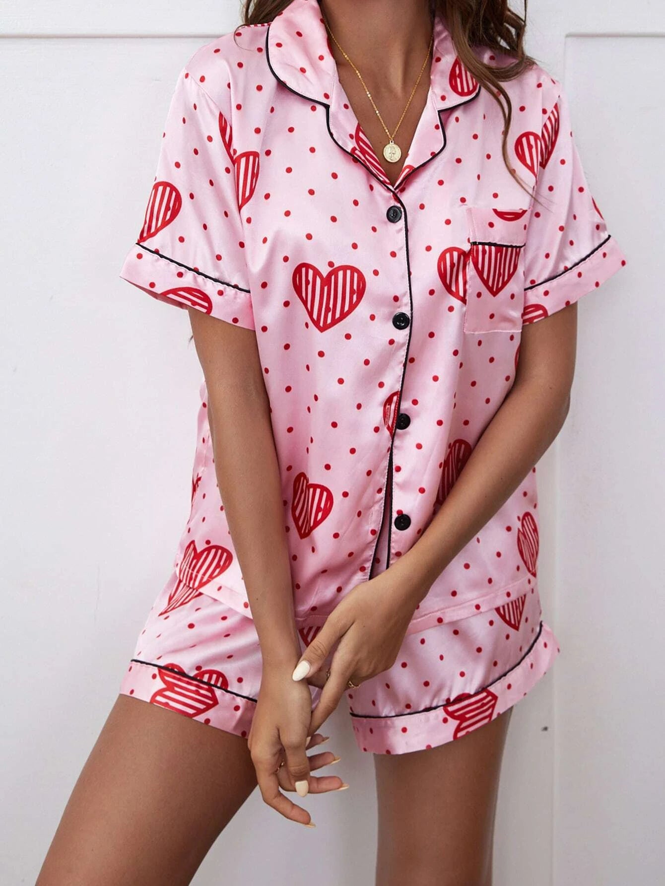 Line Heart Shorts Night Suit Set For Women