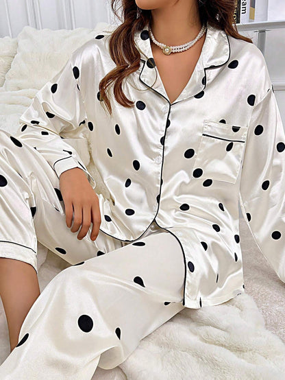 Black Polka Dott Women Nightwear Pajama Set In Full Sleeves