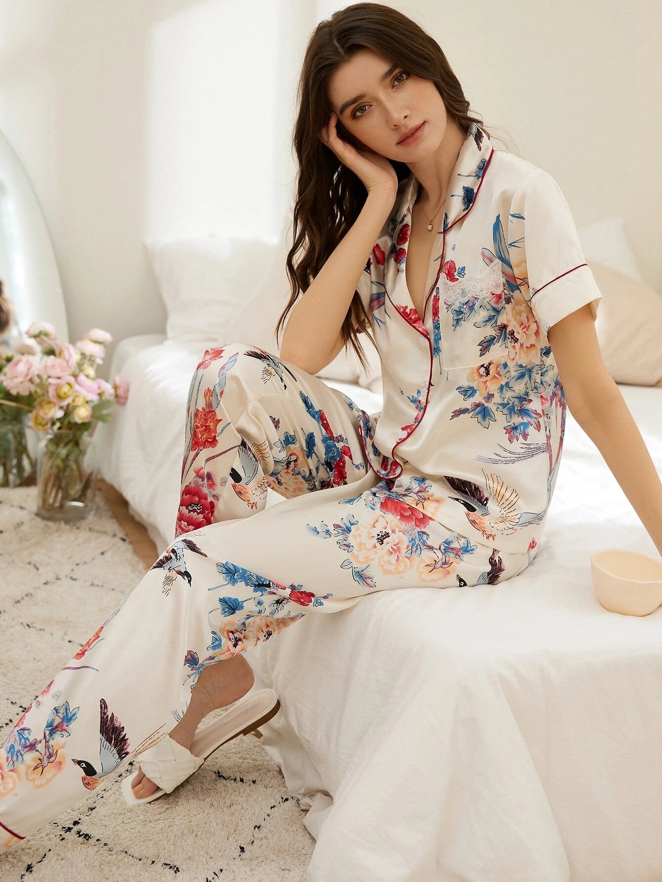 Bird and Floral Printed White Nightsuit Set For Women