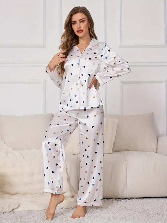 Coffee Heart White Silk Women Nightwear Pajama Set