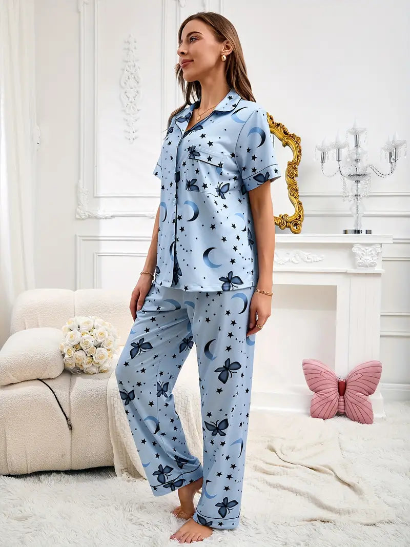 Butterfly Sky Blue Women Nightwear Pajama Set.