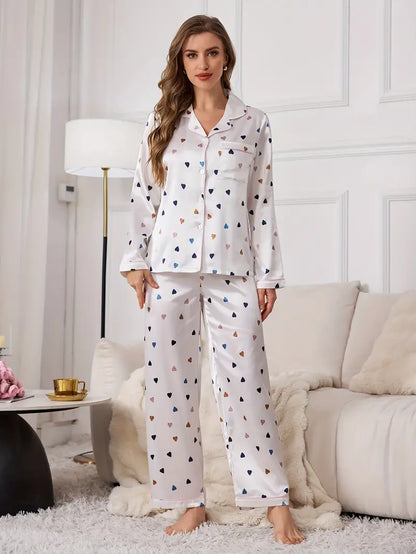 Coffee Heart White Silk Women Nightwear Pajama Set