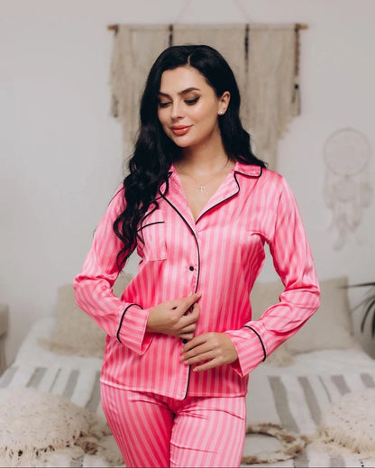 Pink Striped Satin Night Suit For Women