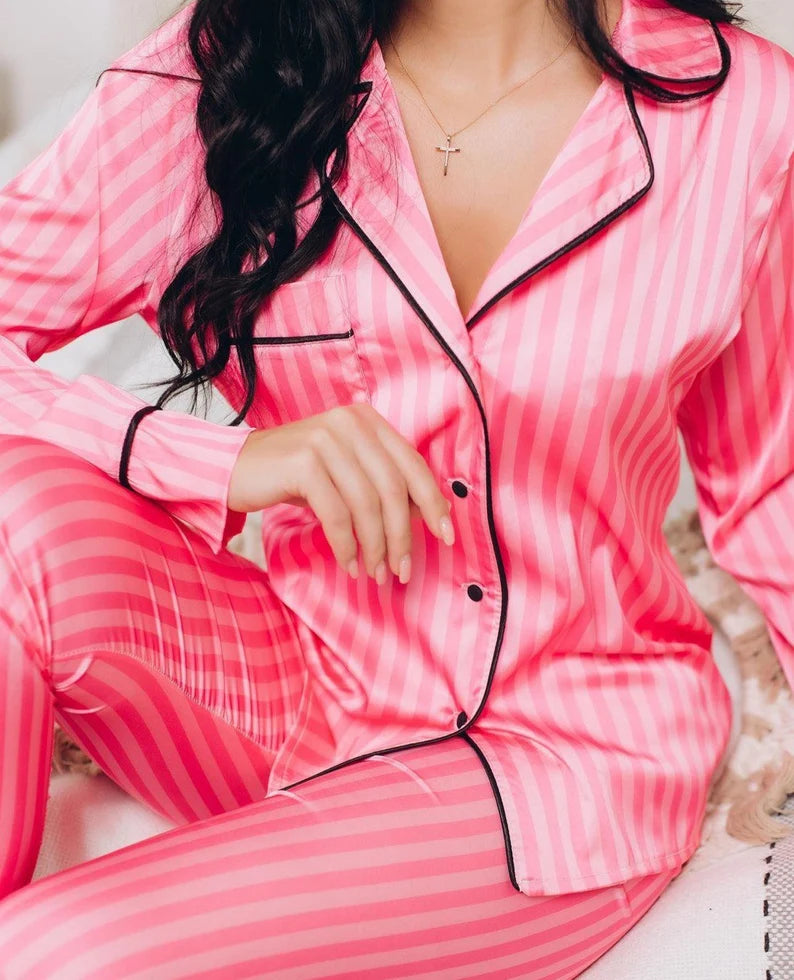 Pink Striped Satin Night Suit For Women