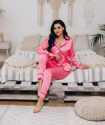 Pink Striped Satin Night Suit For Women